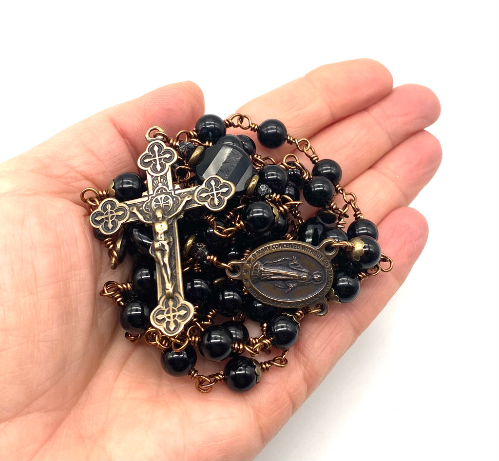 Black Onyx Gemstone Wire Wrapped Catholic Heirloom Rosary LARGE