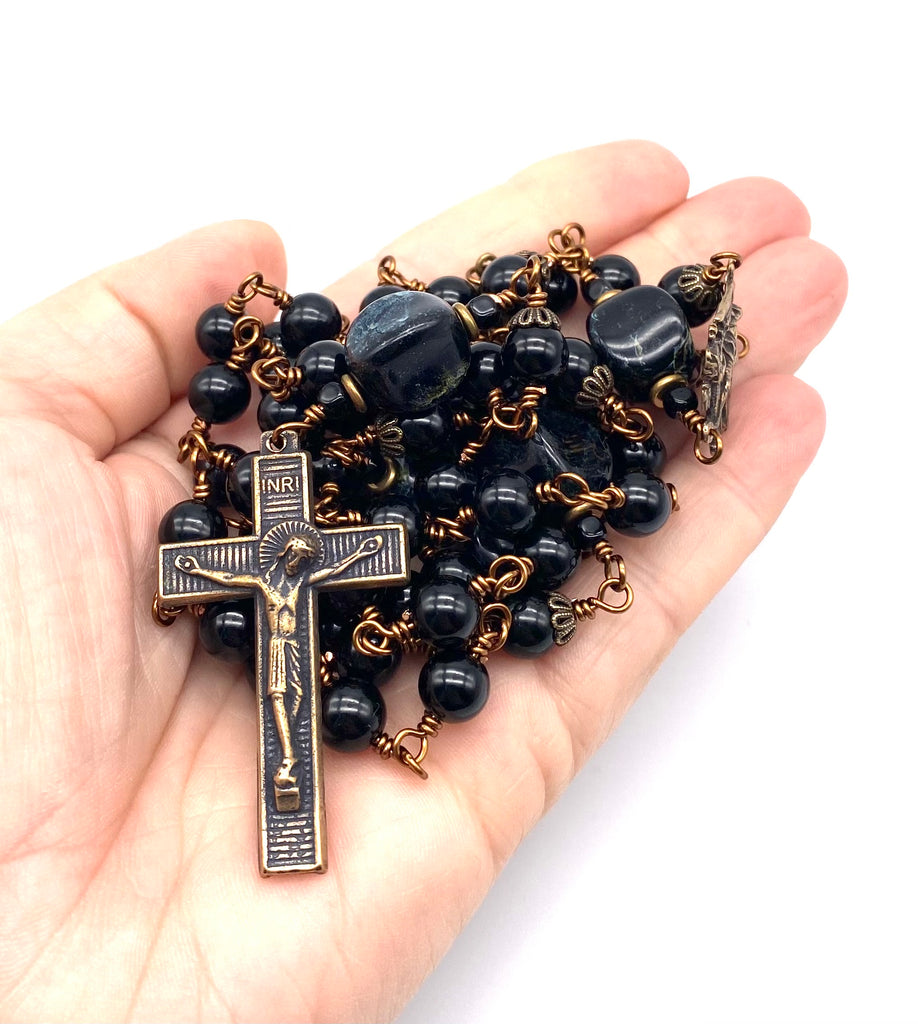 Black Onyx Gemstone Wire Wrapped Catholic Heirloom Rosary LARGE