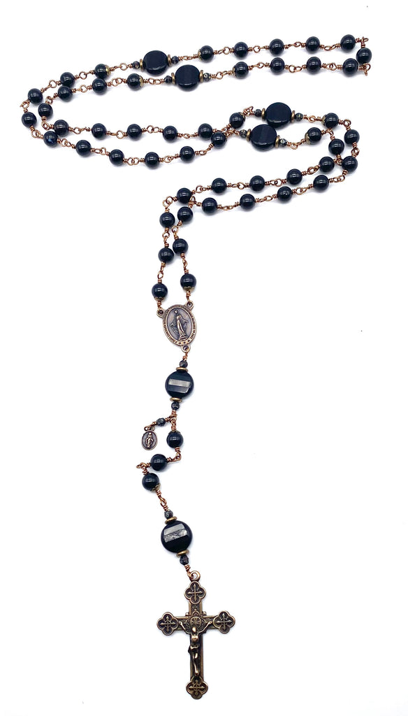 Black Onyx Gemstone Wire Wrapped Catholic Heirloom Rosary LARGE