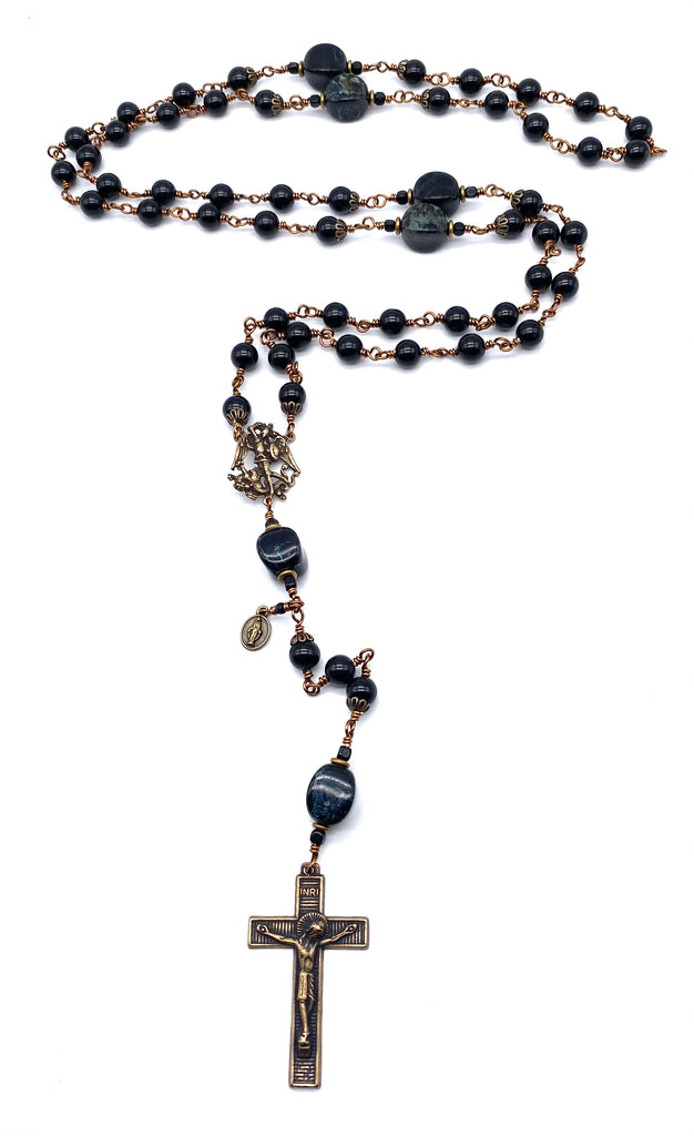Black Onyx Gemstone Wire Wrapped Catholic Heirloom Rosary LARGE