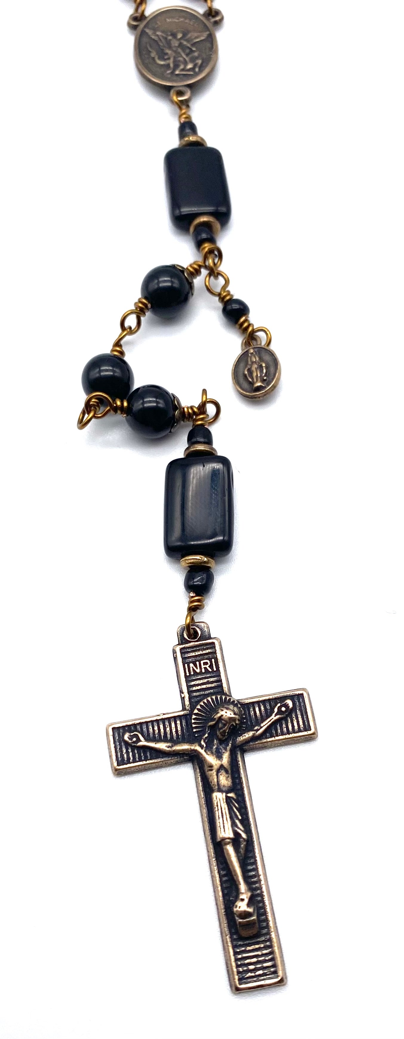 Black Onyx Catholic Rosary, Handmade Bronze Wire Wrapped Prayer