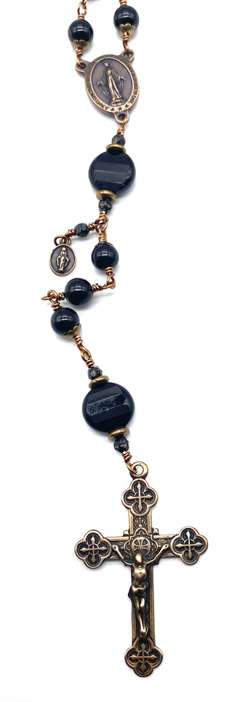 Black Onyx Gemstone Wire Wrapped Catholic Heirloom Rosary LARGE