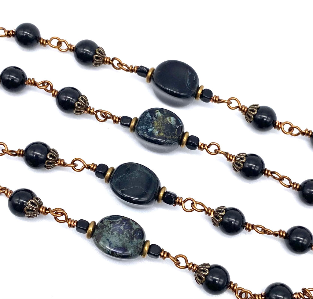Black Onyx Gemstone Wire Wrapped Catholic Heirloom Rosary LARGE