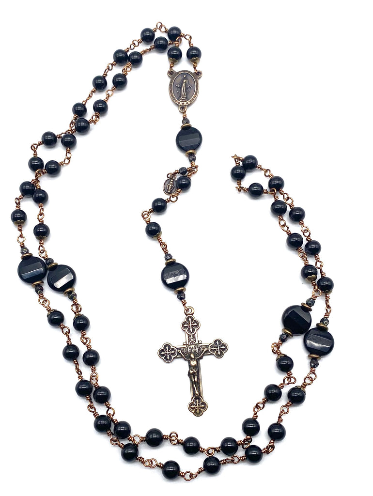 Black Onyx Gemstone Wire Wrapped Catholic Heirloom Rosary LARGE
