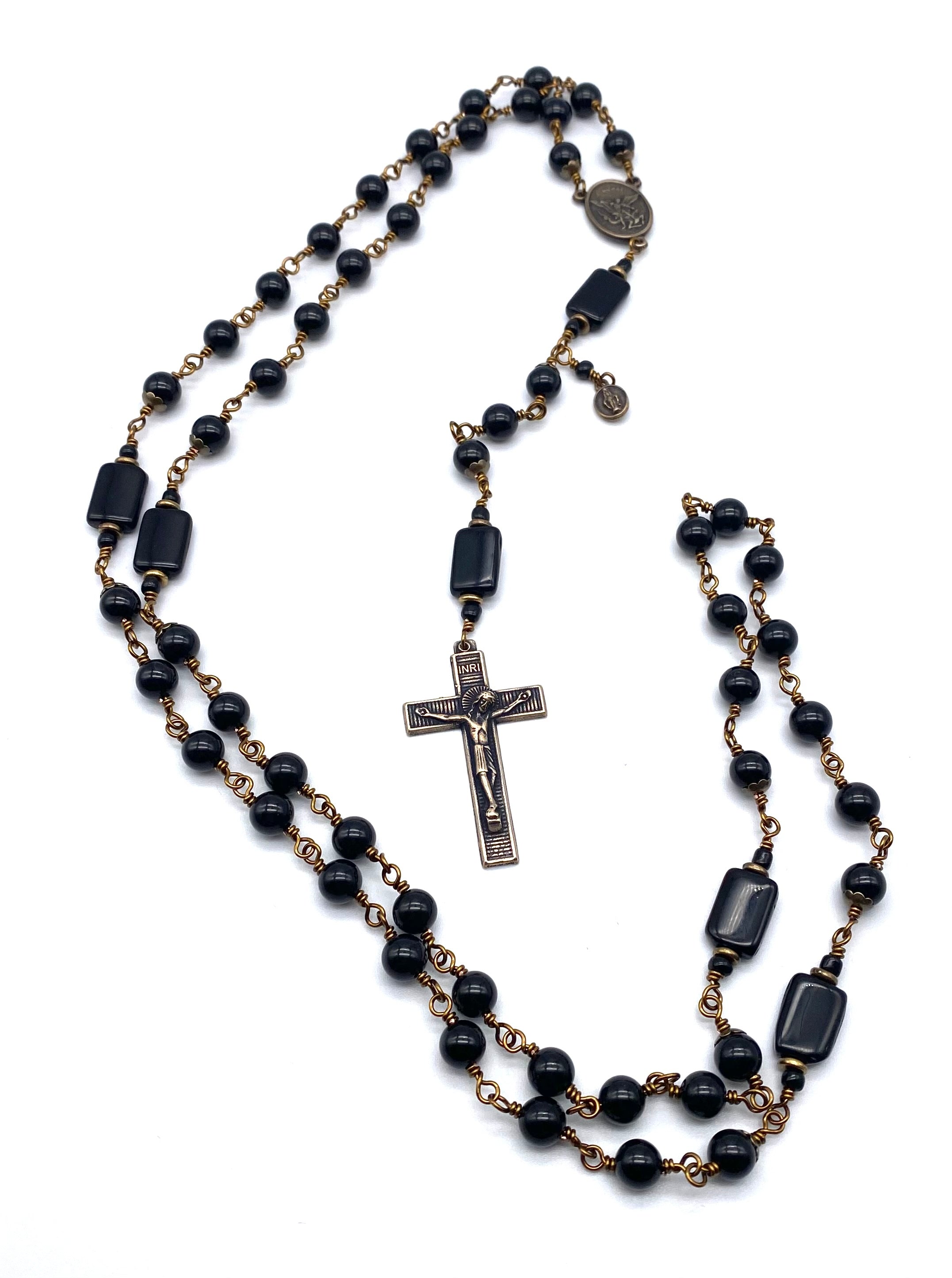 Black Onyx Catholic Rosary, Handmade Bronze Wire Wrapped Prayer
