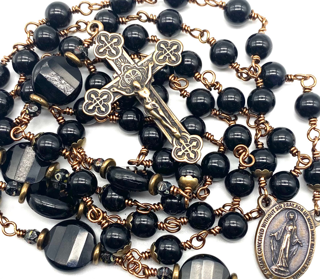 Black Onyx Gemstone Wire Wrapped Catholic Heirloom Rosary LARGE