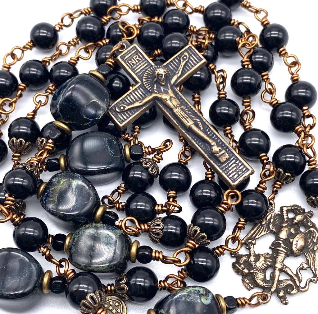 Black Onyx Gemstone Wire Wrapped Catholic Heirloom Rosary LARGE