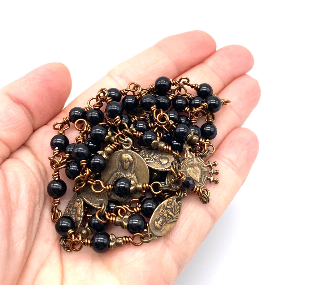 Black Onyx Gemstone Catholic Heirloom Rosary of the Seven Sorrows Med