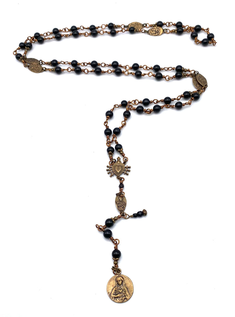 Black Onyx Gemstone Catholic Heirloom Rosary of the Seven Sorrows Med