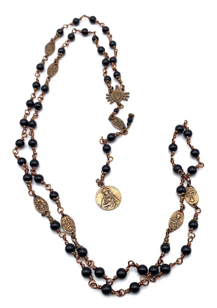 Black Onyx Gemstone Catholic Heirloom Rosary of the Seven Sorrows Med