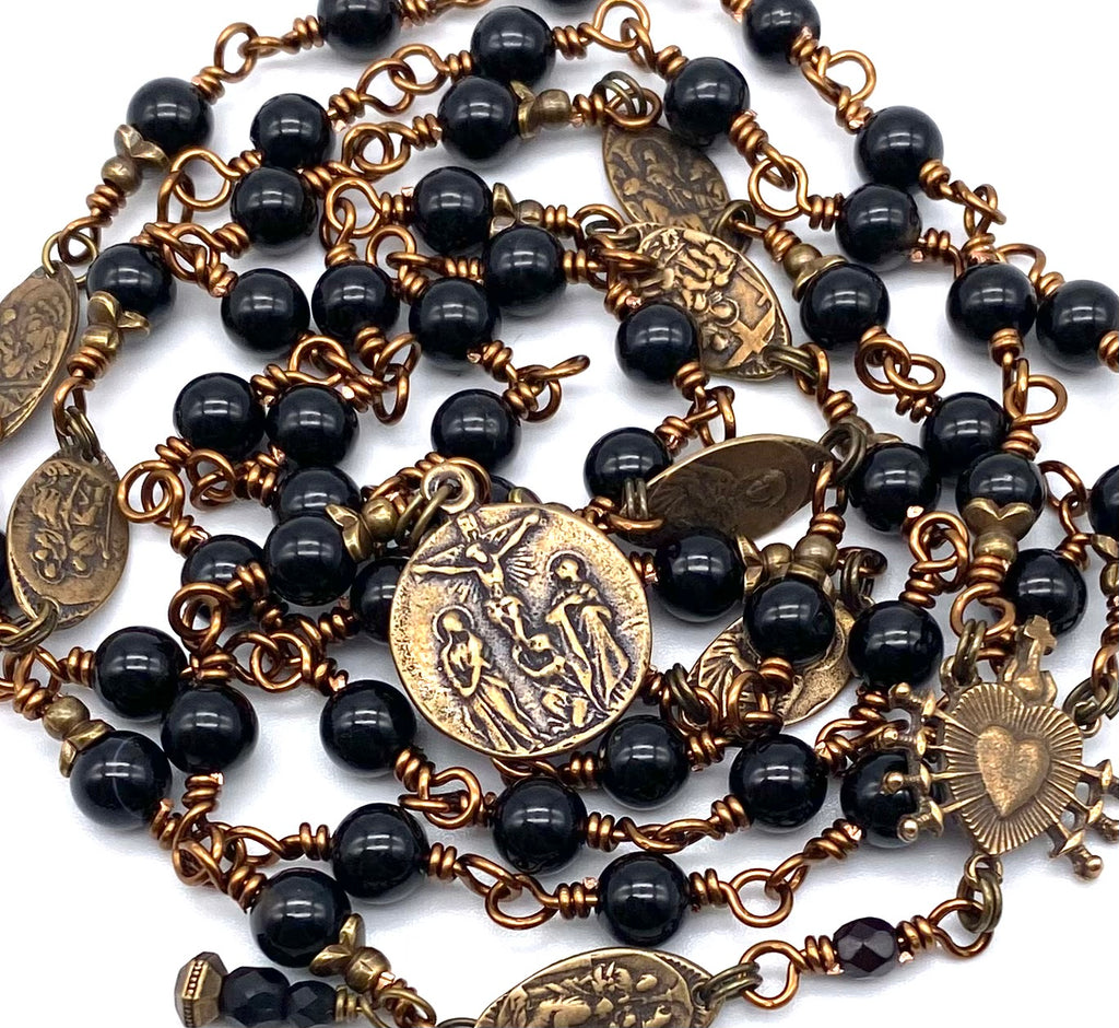 Black Onyx Gemstone Catholic Heirloom Rosary of the Seven Sorrows Med