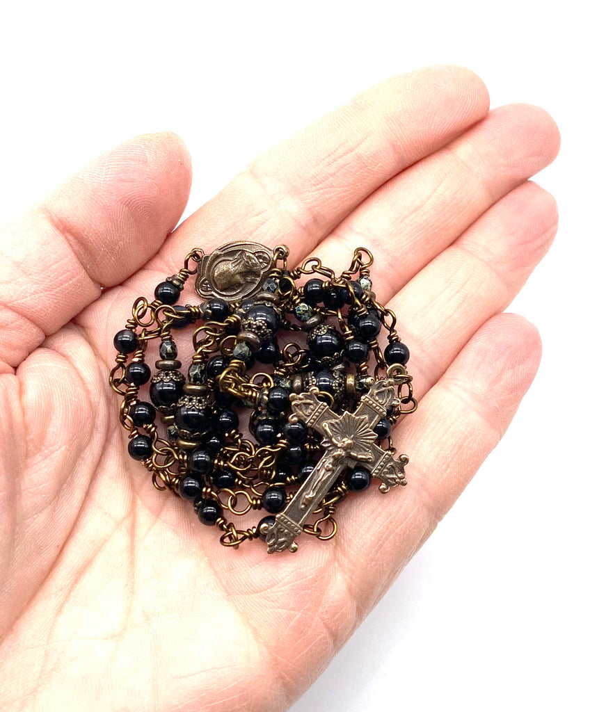 Black Onyx Gemstone Wire Wrapped Catholic Heirloom Rosary PETITE