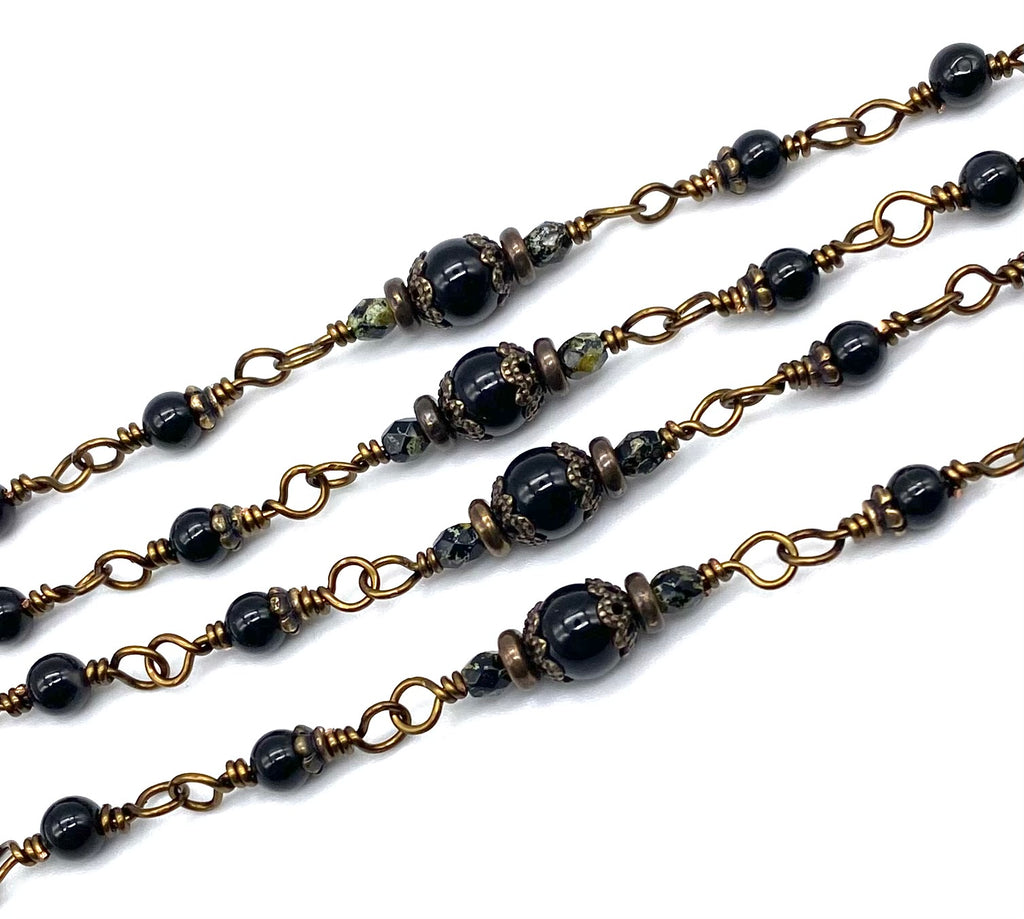 Black Onyx Gemstone Wire Wrapped Catholic Heirloom Rosary PETITE