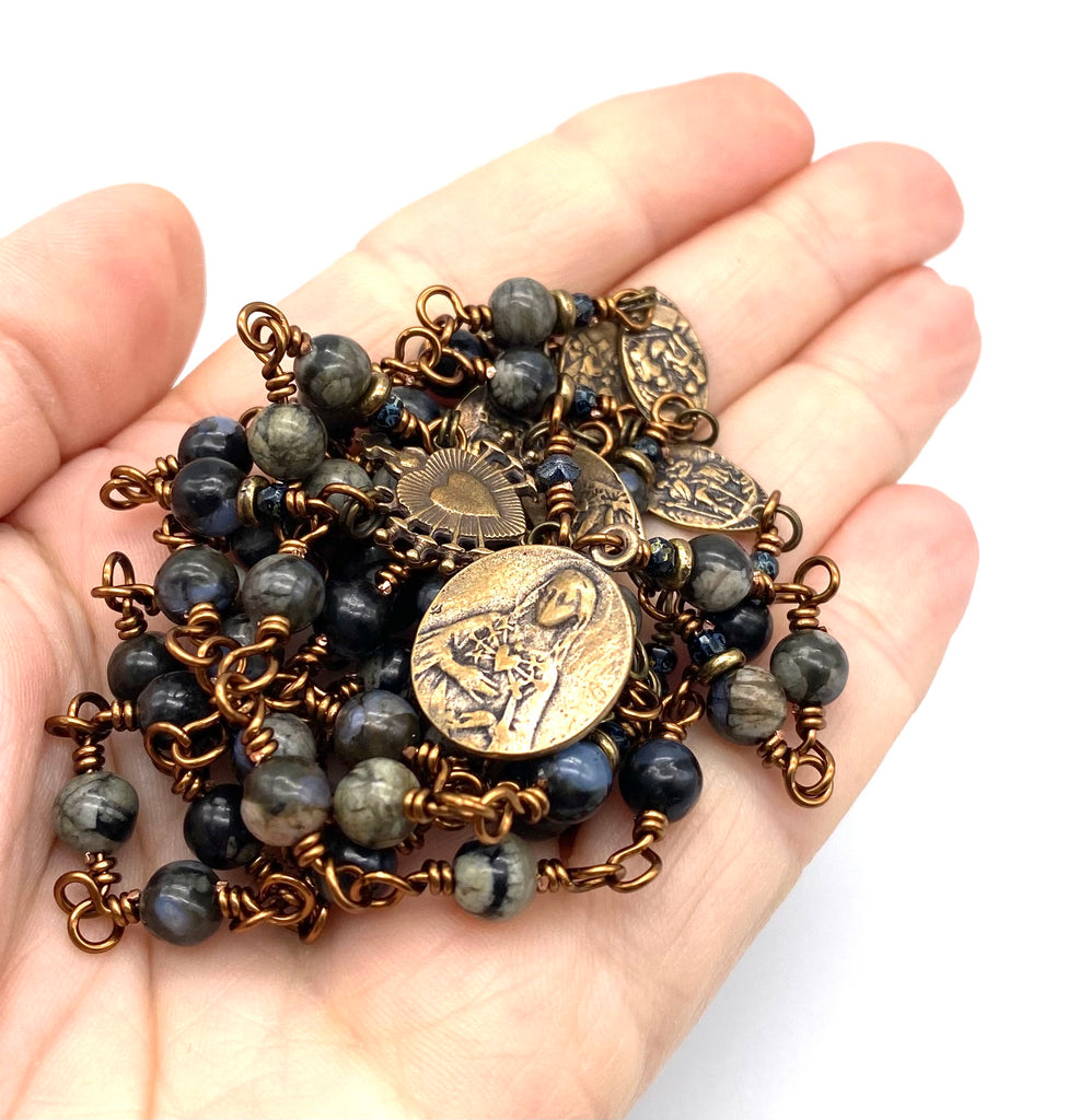 Black Opal Gemstone Wire Wrapped Catholic Heirloom Rosary of the Seven Sorrows Medium