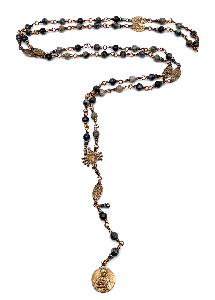 Black Opal Gemstone Wire Wrapped Catholic Heirloom Rosary of the Seven Sorrows Medium