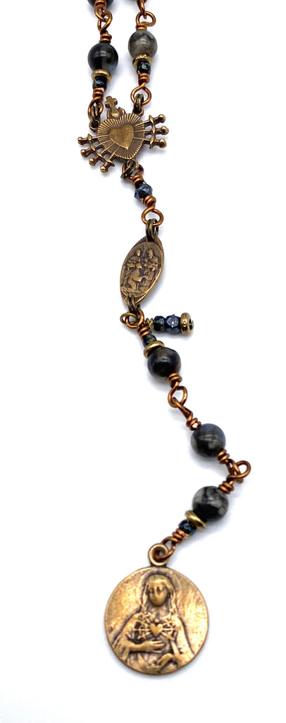 Black Opal Gemstone Wire Wrapped Catholic Heirloom Rosary of the Seven Sorrows Medium