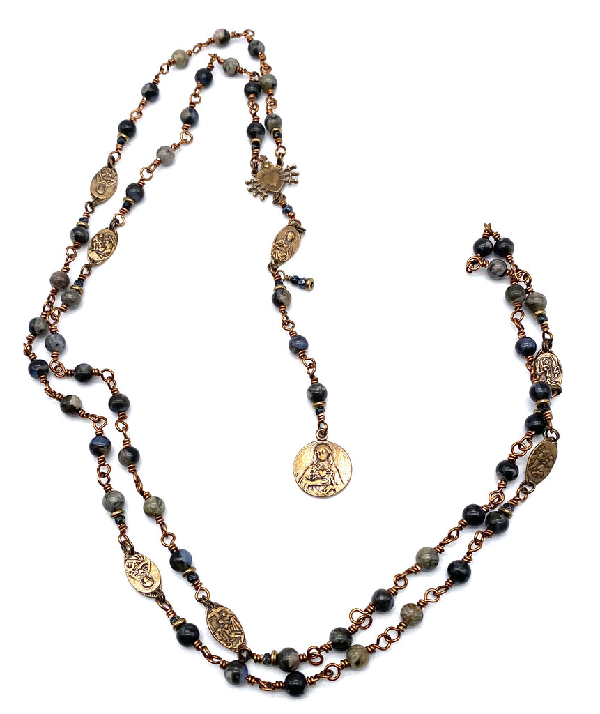 Black Opal Gemstone Wire Wrapped Catholic Heirloom Rosary of the Seven Sorrows Medium