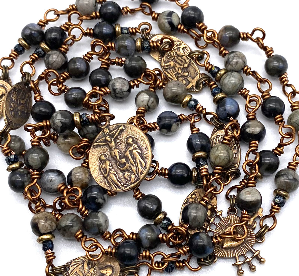 Black Opal Gemstone Wire Wrapped Catholic Heirloom Rosary of the Seven Sorrows Medium