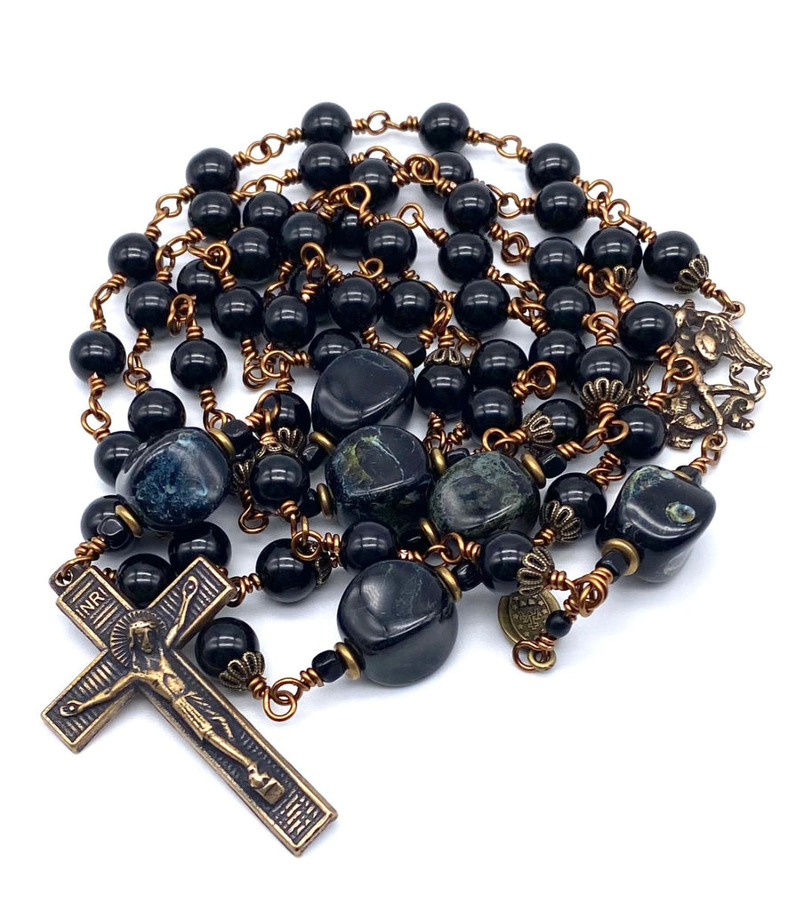 Black Onyx Gemstone Wire Wrapped Catholic Heirloom Rosary LARGE