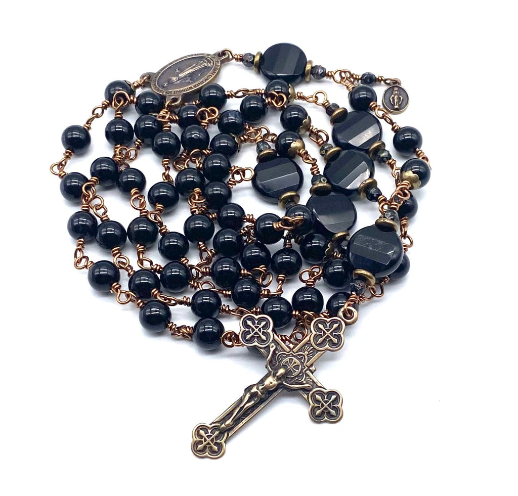 Black Onyx Gemstone Wire Wrapped Catholic Heirloom Rosary LARGE