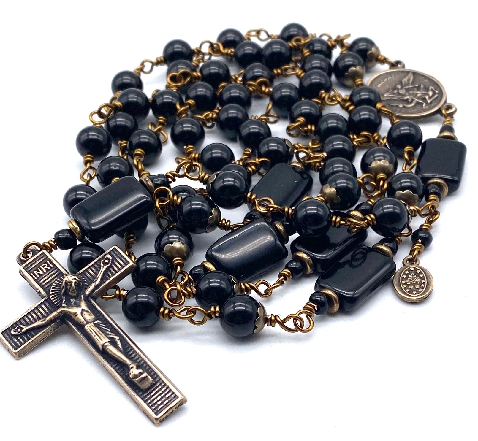 Black Onyx Catholic Rosary, Handmade Bronze Wire Wrapped Prayer 