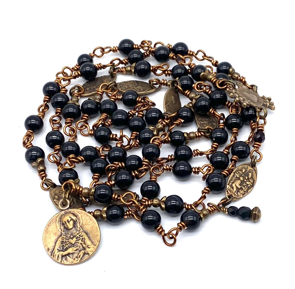 Black Onyx Gemstone Catholic Heirloom Rosary of the Seven Sorrows Med