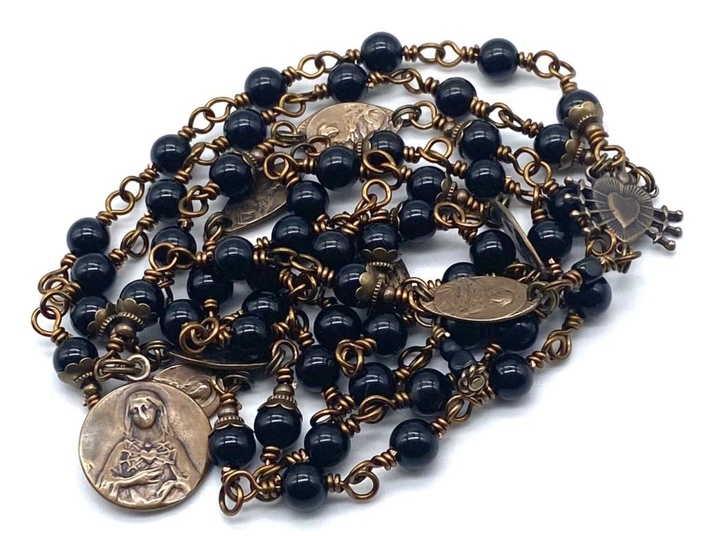 Seven Sorrows Rosary, Black Onyx Gemstone Heirloom Catholic Servite Delores Rosary Wire Wrapped Solid Bronze MEDIUM