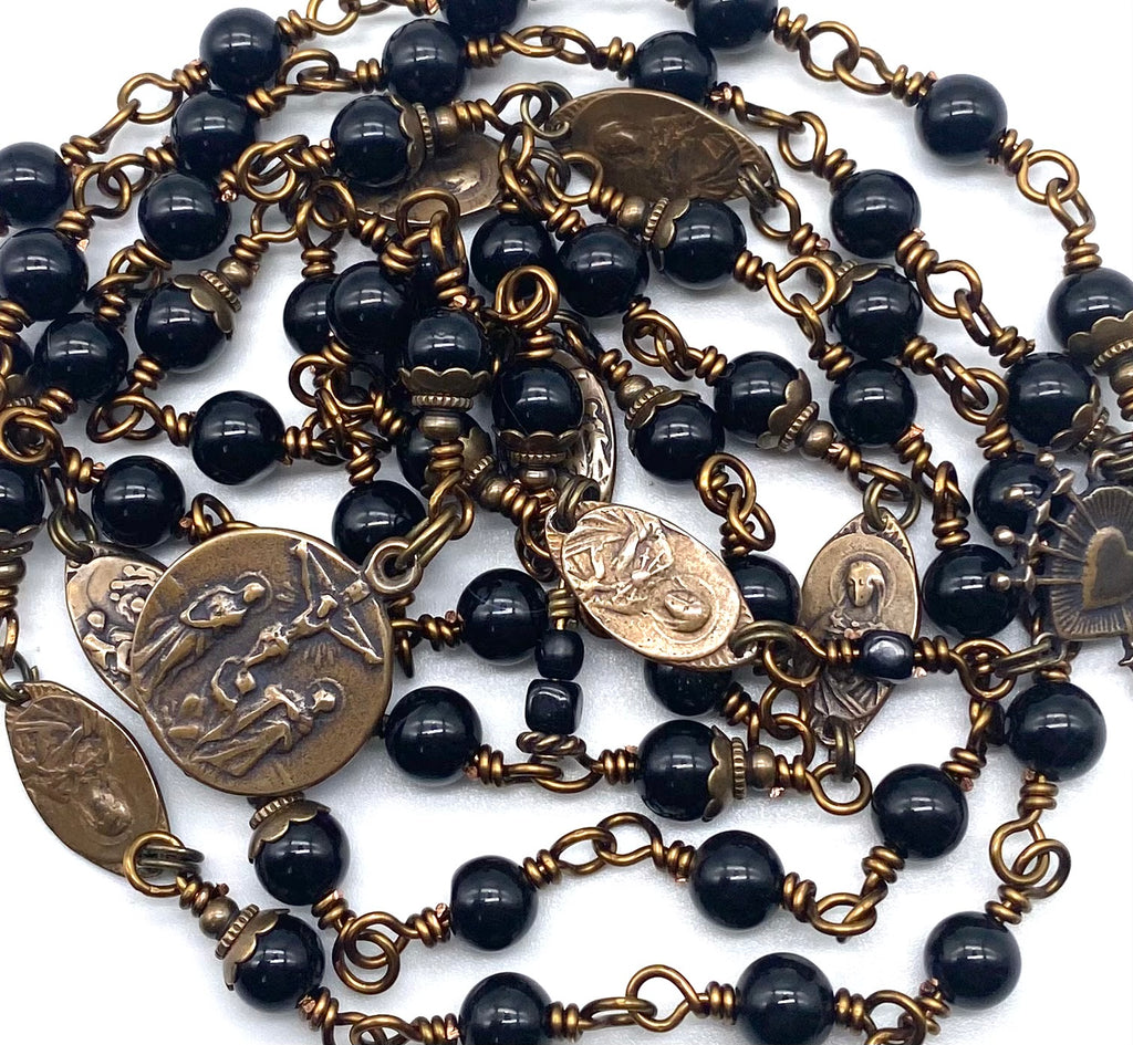 Black Onyx Gemstone Catholic Heirloom Rosary of the Seven Sorrows Med