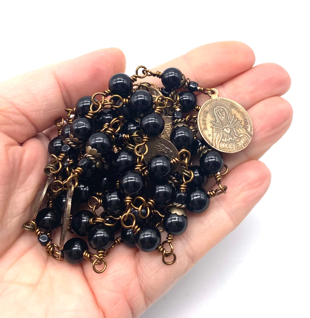 Seven Sorrows Rosary, Black Onyx Gemstone Heirloom Catholic Servite Delores Rosary Wire Wrapped Solid Bronze LARGE