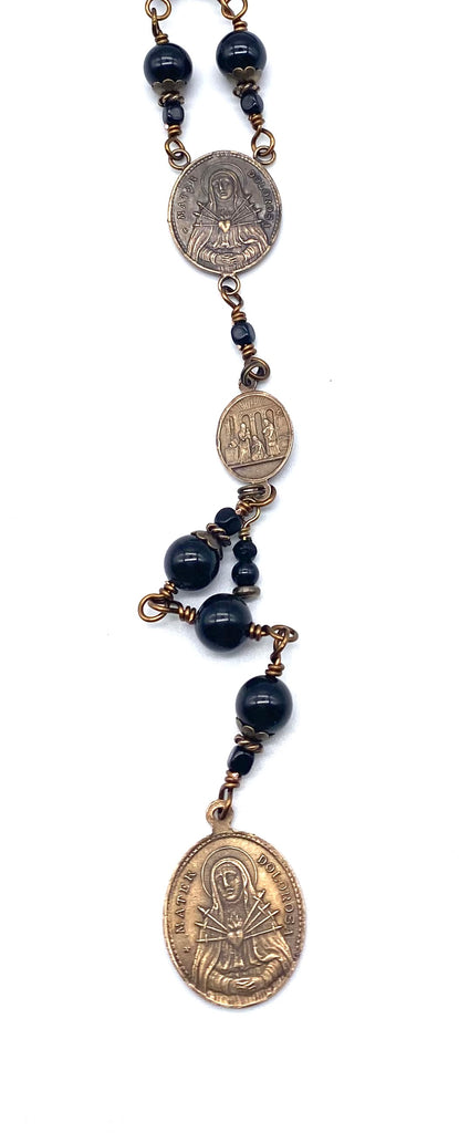 Seven Sorrows Rosary, Black Onyx Gemstone Heirloom Catholic Servite Delores Rosary Wire Wrapped Solid Bronze LARGE