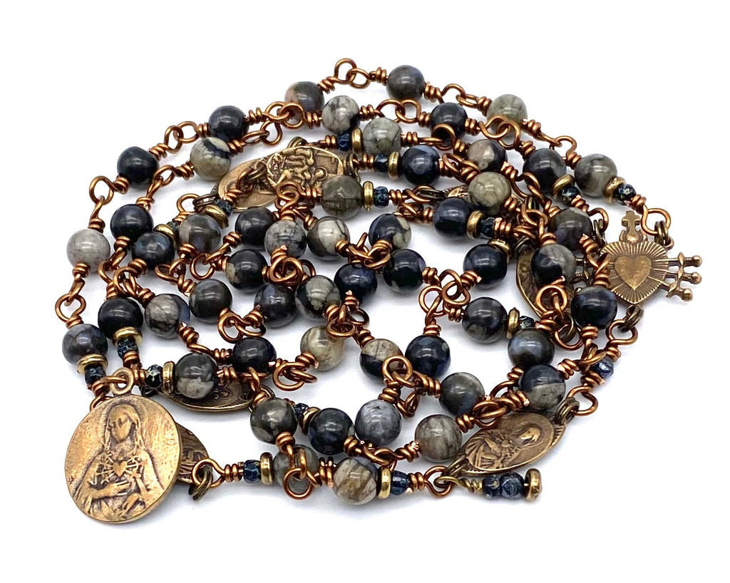 Black Opal Gemstone Wire Wrapped Catholic Heirloom Rosary of the Seven Sorrows Medium