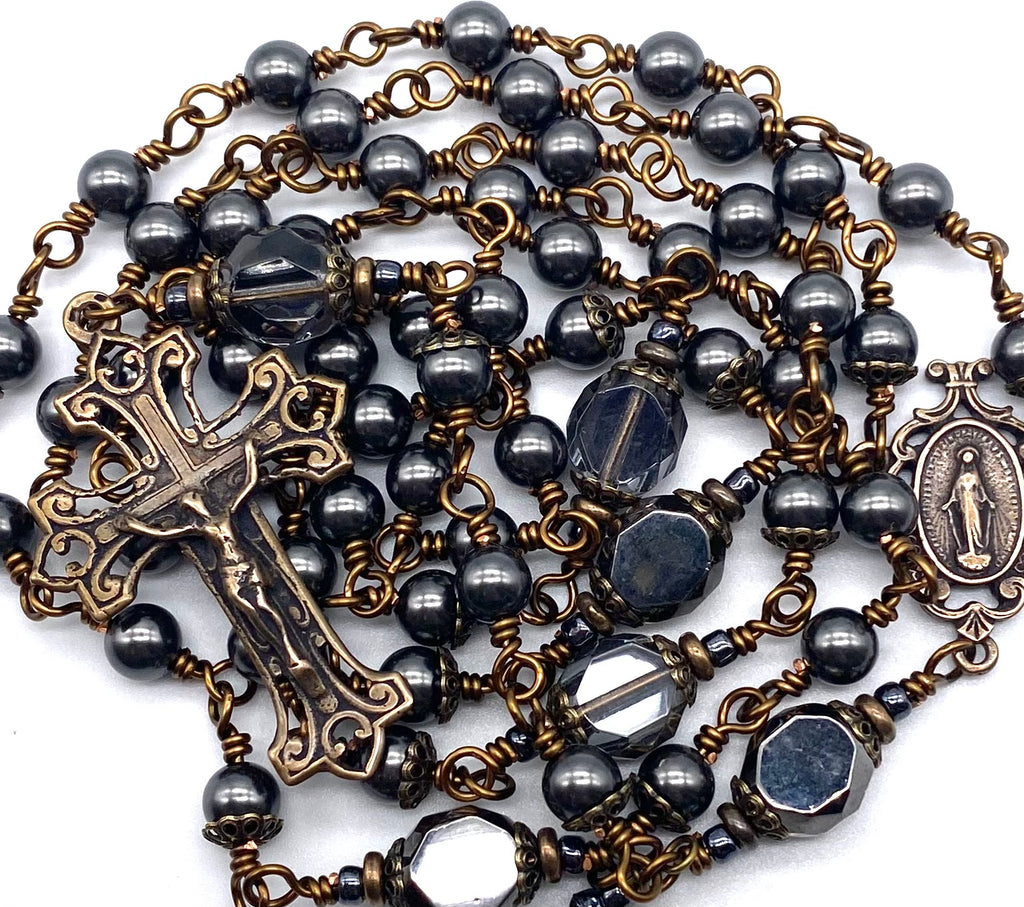 Black Swarovski Peal Wire Wrapped Catholic Heirloom Rosary Medium