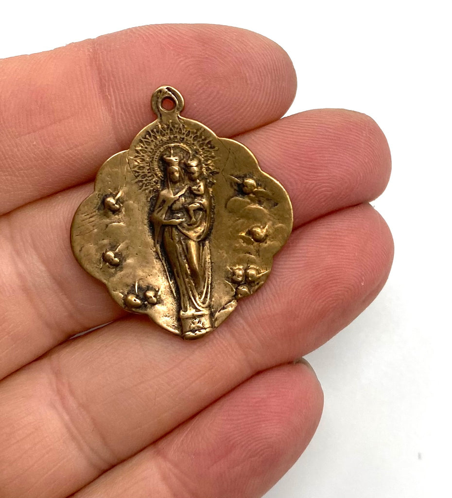 Solid Bronze QUEEN OF HEAVEN 9 ANGELS Catholic Medal Pendant, Religious Charms, Antique/Vintage Reproduction #PG7124