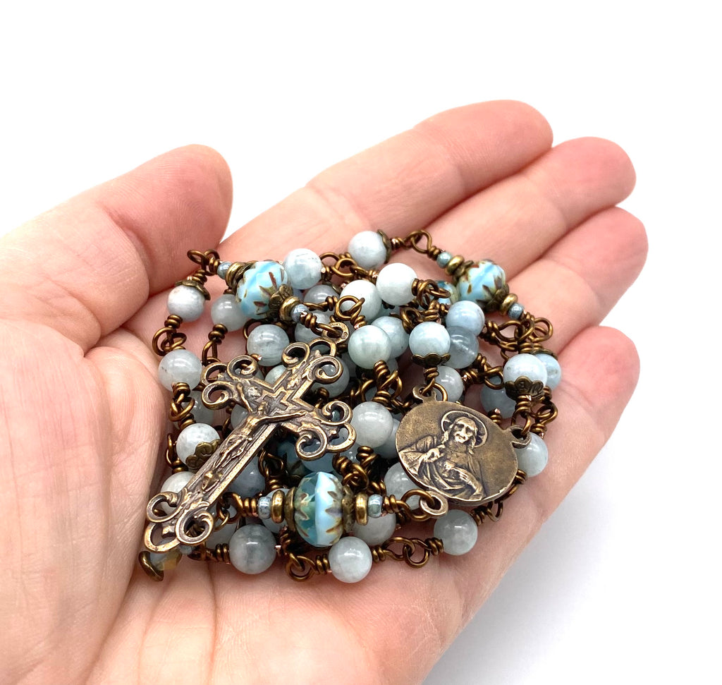 Natural Aquamarine Gemstone Wire Wrapped Catholic Heirloom Rosary Medium