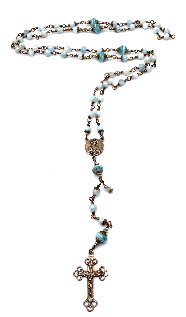 Natural Aquamarine Gemstone Wire Wrapped Catholic Heirloom Rosary Medium