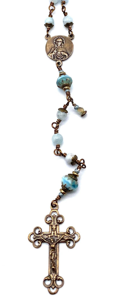 Natural Aquamarine Gemstone Wire Wrapped Catholic Heirloom Rosary Medium