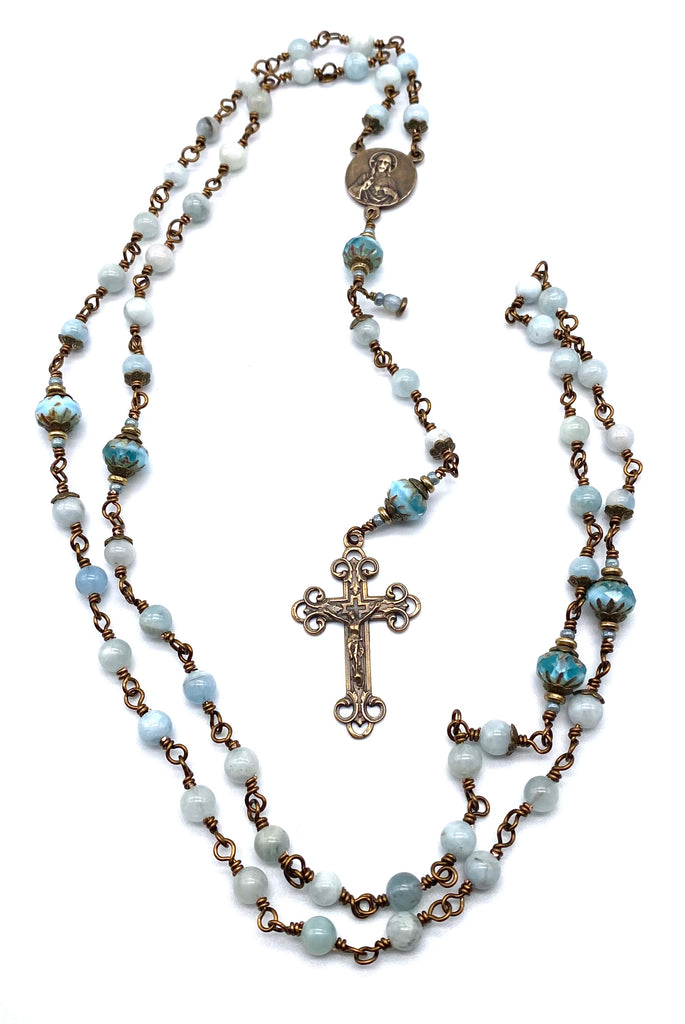 Natural Aquamarine Gemstone Wire Wrapped Catholic Heirloom Rosary Medium