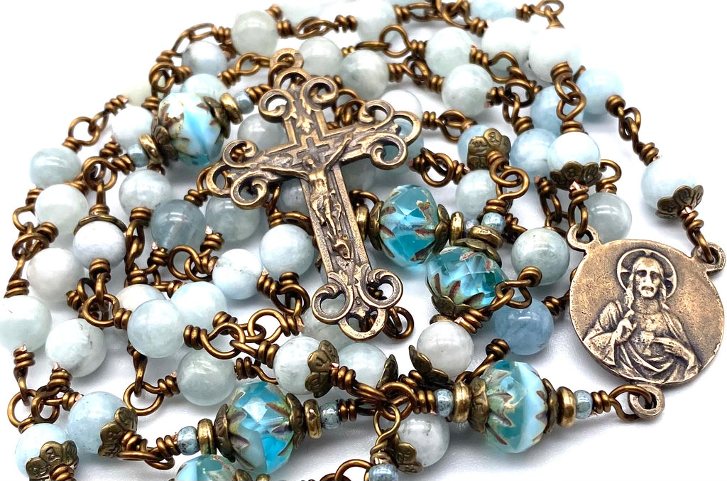 Natural Aquamarine Gemstone Wire Wrapped Catholic Heirloom Rosary Medium