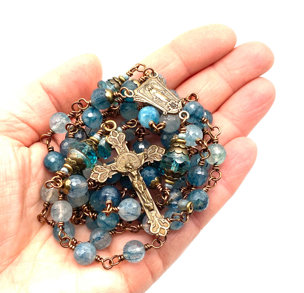 Blue Rutilated Quartz Gemstone Wire Wrapped Catholic Heirloom Rosary LARGE