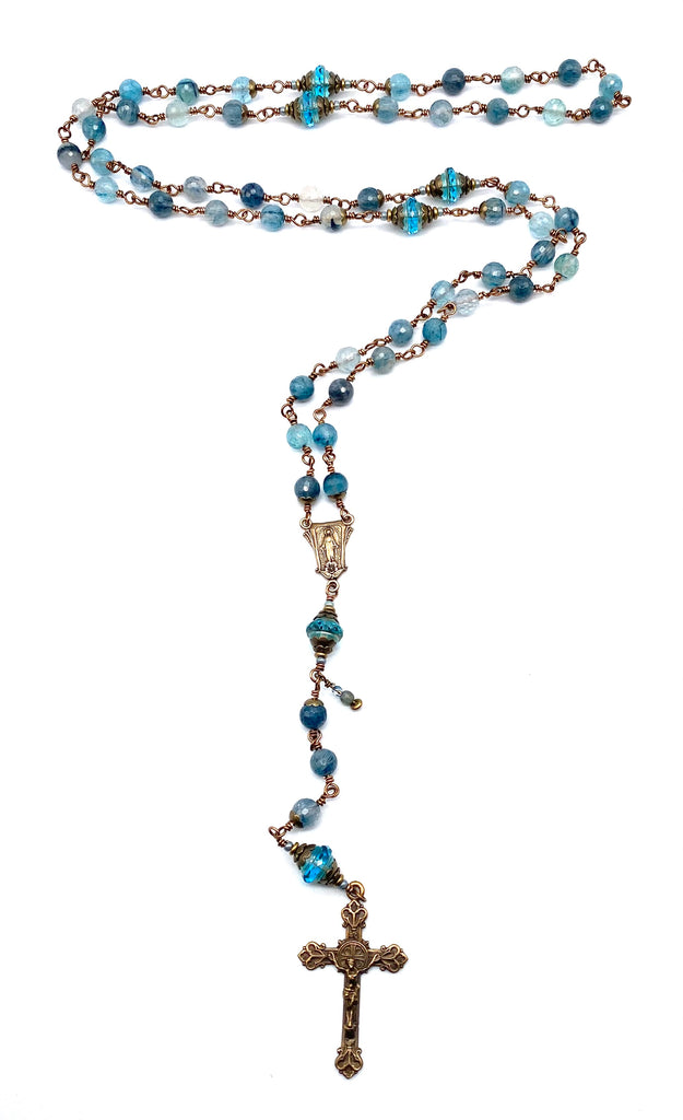 Blue Rutilated Quartz Gemstone Wire Wrapped Catholic Heirloom Rosary LARGE