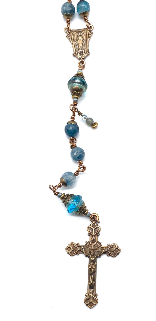 Blue Rutilated Quartz Gemstone Wire Wrapped Catholic Heirloom Rosary LARGE