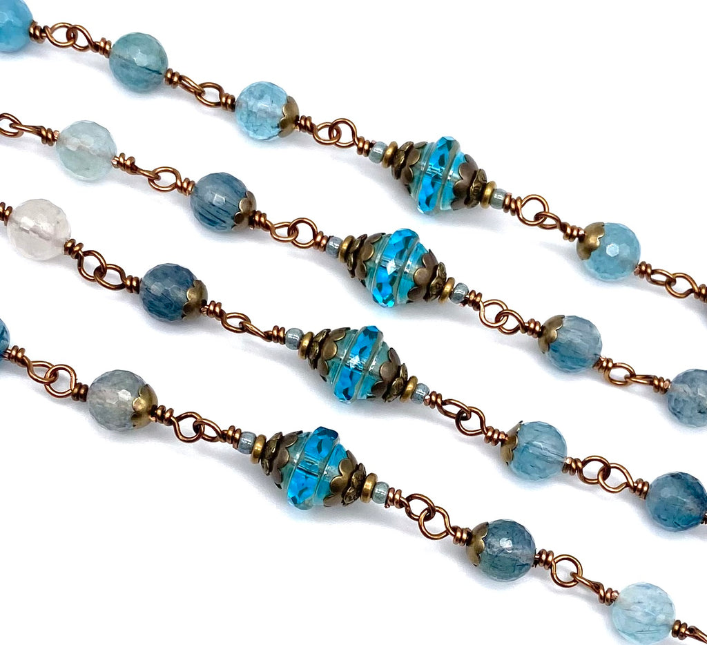 Blue Rutilated Quartz Gemstone Wire Wrapped Catholic Heirloom Rosary LARGE