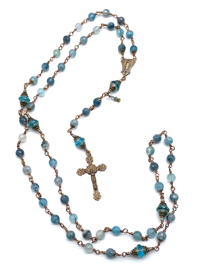 Blue Rutilated Quartz Gemstone Wire Wrapped Catholic Heirloom Rosary LARGE