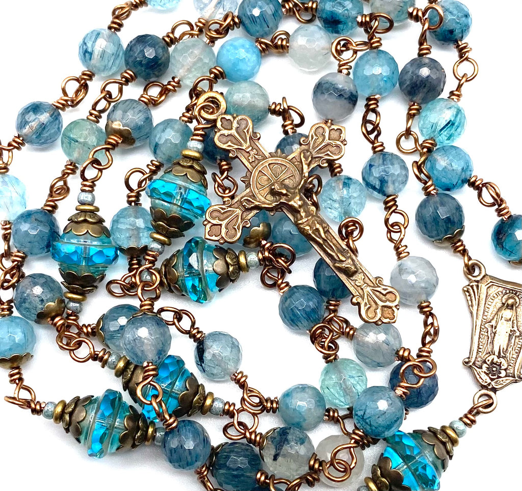 Blue Rutilated Quartz Gemstone Wire Wrapped Catholic Heirloom Rosary LARGE