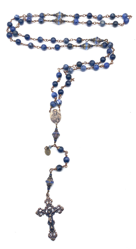 Blue Sodalite Matte Gemstone Wire Wrapped Catholic Heirloom Rosary LARGE