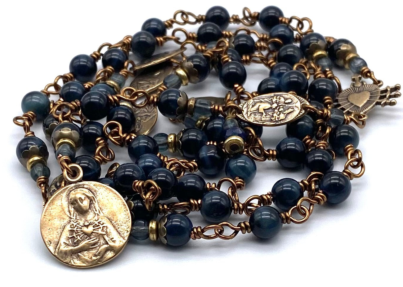 Blue Tiger Eye Quartz Gemstone Catholic Heirloom Rosary of the Seven S ...