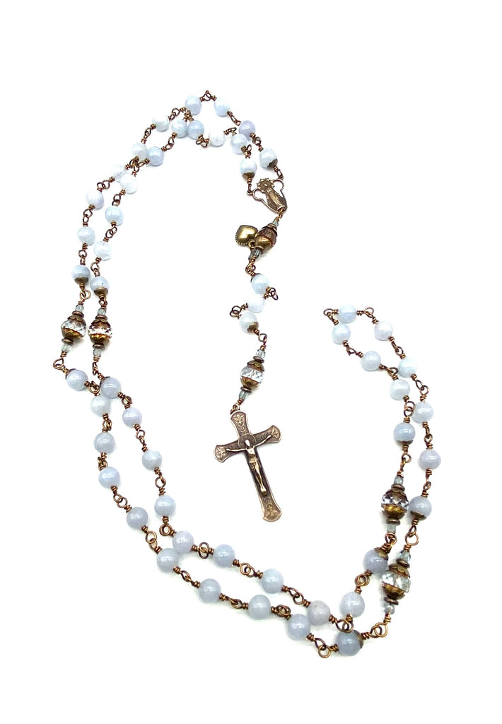 Blue Aquamarine Gemstone Wire Wrapped Catholic Heirloom Rosary Large