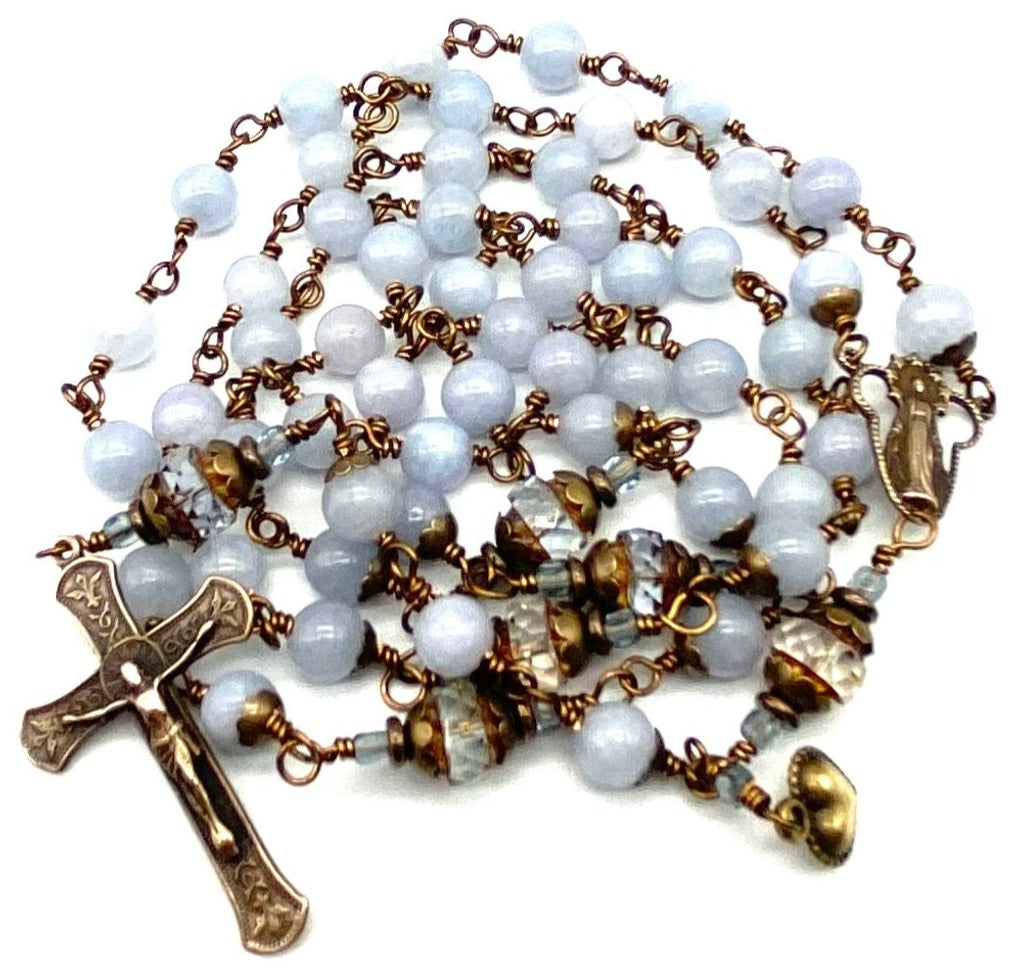 Blue Aquamarine Gemstone Wire Wrapped Catholic Heirloom Rosary Large