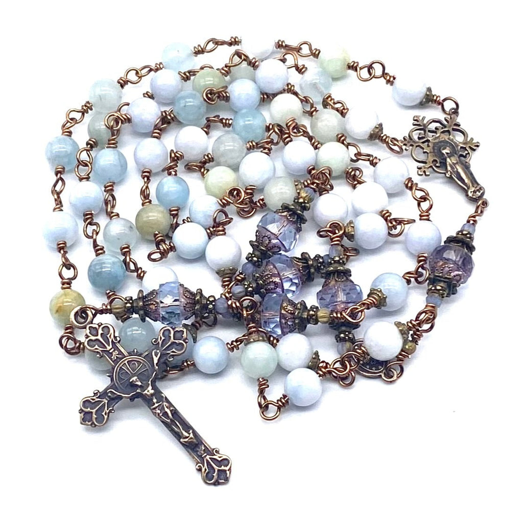 Blue Aquamarine Gemstone Wire Wrapped Catholic Heirloom Rosary LARGE