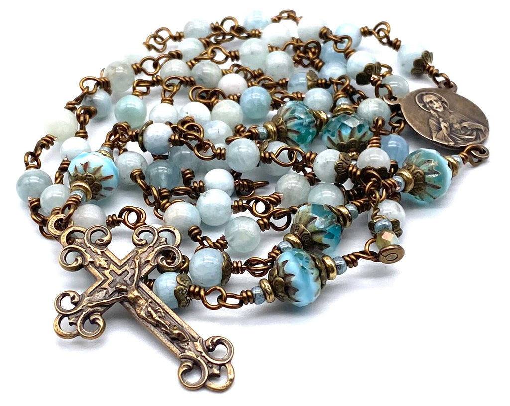 Natural Aquamarine Gemstone Wire Wrapped Catholic Heirloom Rosary Medium